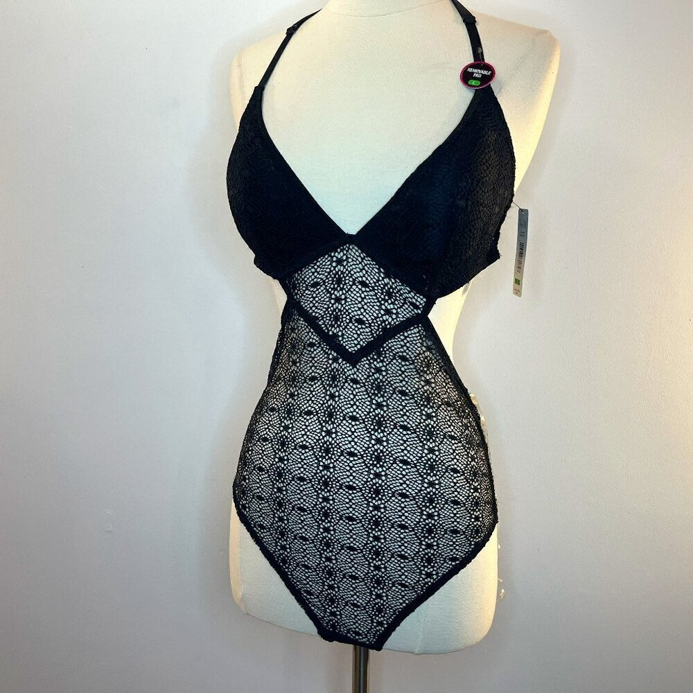 Rene Rofe Lingerie Women's Black Netted One-Piece Bodysuit - Size Large - NWT